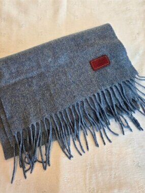 Coach Blue 100% Cashmere Fringe Scarf with Leather Logo Patch